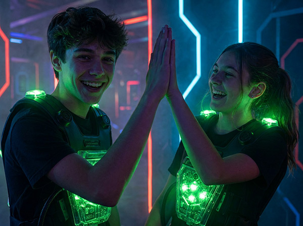 Jugendliche mit leuchtenden Lasertag-Westen im Nebel