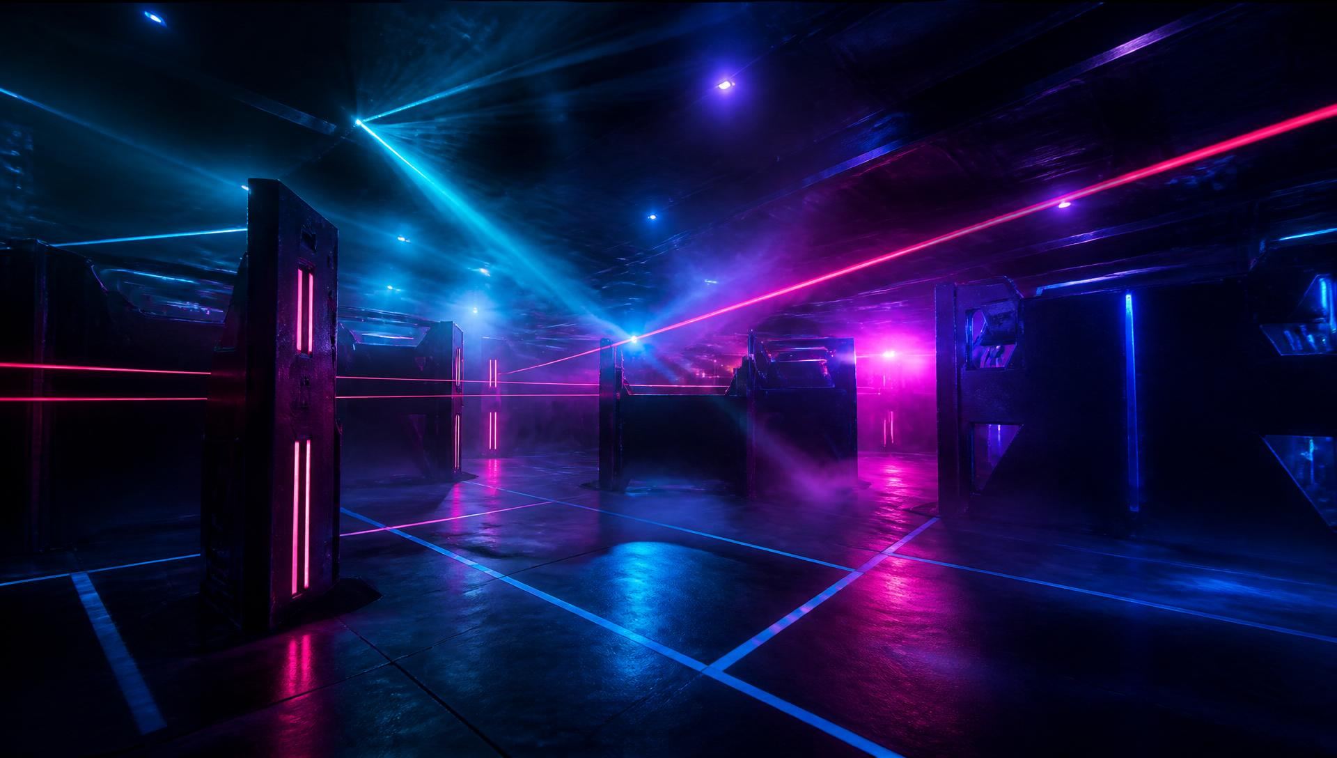 Dunkle Lasertag-Arena mit dramatischen Neon-Laserstrahlen